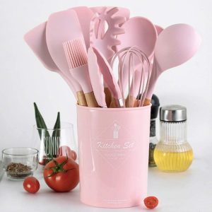 Beautything 11 Piece Kitchen Utensils, Then Give 1 Storage Bucket, Pink Wooden Silicone Cookware Set, Spatula-Silicone Cookware Set, Wooden Spatula Handle, Non-Stick Spatula