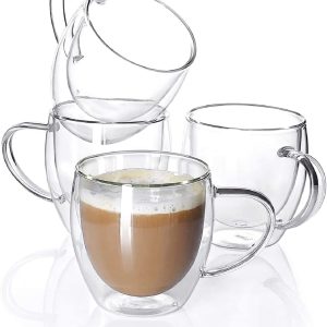 Sweese 415.101 Glass coffee mugs - 4PCS Double Wall Insulated Glass Coffee Tea Cup Set with Handle, Perfect for Espresso, Latte, Cappuccino, 8 oz
