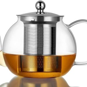 1100ml Borosilicate Glass Teapot with Removable Infuser, Stovetop Safe Tea Kettle, Nondripping Spout Blooming and Loose Leaf Tea Maker