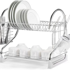 SMARTWARE 2 Tier Dish Drying Rack Kitchen Organizer Storage, 2021 Upgraded Base with Chrome Rustproof Coating, Cup Holder and Utensil Holder and Water...