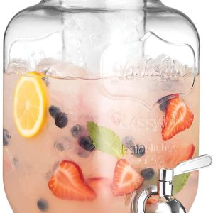 1-Gallon Glass Beverage Dispenser with 18/8–Stainless Steel Spigot - 100%Leakproof - Wide Mouth Easy Filling - Drink Dispenser with Ice Cylinder Keeps...