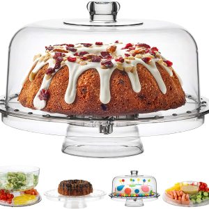 Acrylic Cake Stand with Dome Cover (6 in 1) Multi-Functional Serving Platter and Cake Plate - Use as Cake Holder, Salad Bowl, Platter, Punch Bowl, Desert Platter, Nachos & Salsa Plate