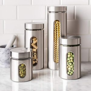 Quality Stainless Steel Canister Set for Kitchen Counter with Glass Window & Airtight Lid - Food Storage Containers with Lids Airtight - Pantry Storage and Organization Set