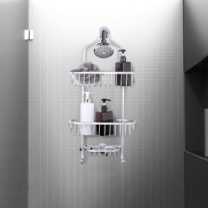 Dailyart Hanging Shower Caddy, Shower Head Caddy Hanging Storage Organizer over the Shower Head Aluminum Hanging Shampoo Holder with Extra Basket Hanging Shower Rack, Silver, 11.8" x 4.7" x 25"