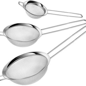 SMARTWARE Swify Fine Mesh Strainer Set of 3 Stainless Steel Strainers, Food Strainer Colander Sieve with Long Handle for Kitchen Cooking, Tea, Coffee Powder, Pasta, Frying, Vegetable Drain