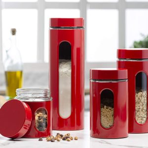 Quality Modern Red Stainless Steel Canister Set for Kitchen Counter with Glass Window & Airtight Lid - Food Storage Containers with Lids Airtight - Pantry Storage and Organization Set