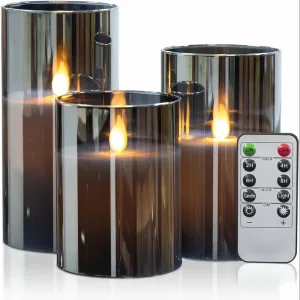 3pcs Flameless Candles with Remote Timer: 3D Candle Battery Powered LED Column Candles, Unbreakable Acrylic Fake Candle Set for Home Decoration Romantic Ambiance - Gray