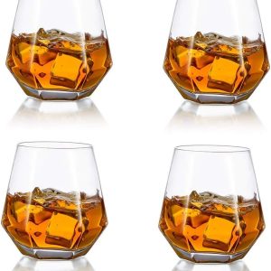 Diamond Whiskey Glasses Set of 4 Water Juice Tumbler Tilted Scotch Glass 300ml Whisky Glass Modern Look Glassware for Bourbon/Rum/Bar Tumbler