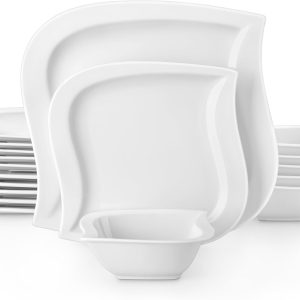 Smartware 18-Piece Ivory White Porcelain Dinner Set Leaf Shaped Plates and Bowls Set, Ceramic Crockery Set, Elegant Dinner Service, Microwave Dishwasher Safe