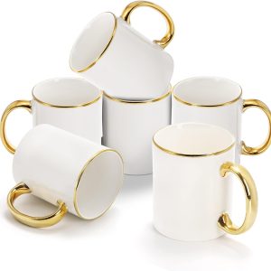 6 Pack Coffee Mugs, 11oz Ceramic Mug set Ceramic Cups for Coffee, latte, Cappuccino, Tea, Cocoa, Cereal, Hot Chocolate, Dishwasher Safe, White/Gold