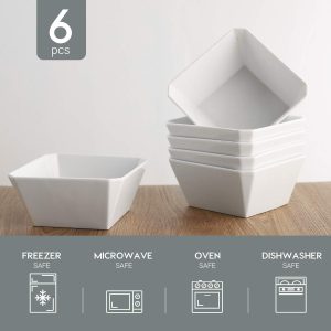 Porcelain Cereal Bowls, 16 oz Square Serving Bowls Set, 5 Inch White Ceramic Bowls for Salad, Soup, Snack, Dessert and Marmalade, Dishwasher & Microwave Safe, Set of 6