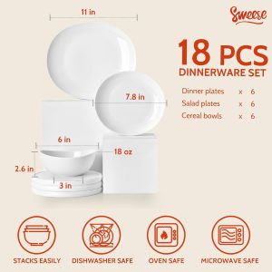 18-Piece Dinnerware Sets for 6, Porcelain Plates and Bowls Set, Scratch Resistant Dishes, Microwave and Oven Safe Dishware, Snow White
