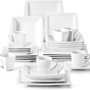 Smartware luxury dinnerware Set, 30 Piece Ivory White Plates and Bowls Sets for 6, Square Plates Dinnerware Set, Porcelain Dinnerware with Dinner Plates Set, Cup & Saucer, Modern Dish Set, Series Blance