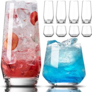 Drinking Glasses Set of 8 - 4 Tall Glass Cups & 4 Short Stemless Wine Glasses, Highball Glasses, Iced Coffee Tumbler, Glassware Sets for Cocktail, Beer, Wine, Whiskey, Water & Juice Drinkware