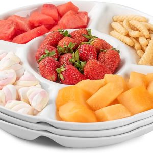 Porcelain Divided Serving Platter, 12 Inch Chip and Dip Serving Tray, 5-Section Compartment Platter - Snack, Fruit, Veggie Tray for Party & Entertaining, White - Set of 3