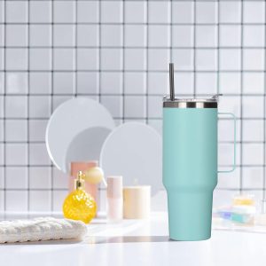 40 oz Stainless Steel Tumbler with Handle, Vacuum Insulated Tumblers Bulk, Reusable Double Wall Travel Coffee Mug, Durable Powder Coated Water Bottle(Mint Green, 1)