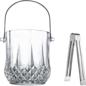 Glass Ice Bucket with Handle and Ice Tong Clear Crystal Ice Buckets for Cocktail Bar Wine Home Bar Accessories Parties Clear Champagne Bucket