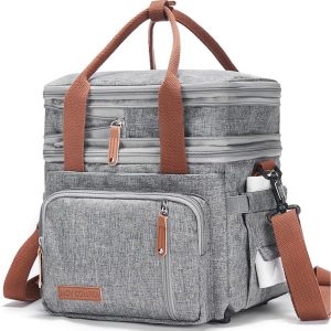 Adult Lunch Box for Work, Expandable Large Lunch Bags for Women Men, Leakproof Double Deck Lunch Box Cooler Tote Bag with Removable Shoulder Strap (Grey)