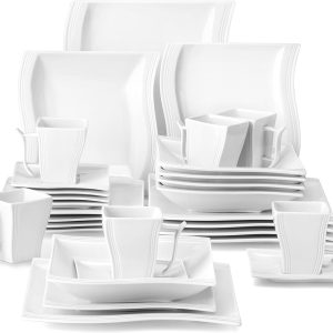 SMARTWARE Plates and Bowls Sets, 20 Pieces Ivory White Porcelain Dinnerware Sets without With Mugs, Square Dinnerware with Dinner Plates, Bowls and Serving Platters, Modern Dish Set for 4, Series Flora