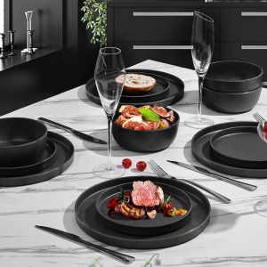Smartware melamine Dinnerware Set - 12pcs Matte Round Plates and Bowls Set Indoor and Outdoor use Summer Camping Dish Set for 4 Dishwasher Safe-Dark Gray