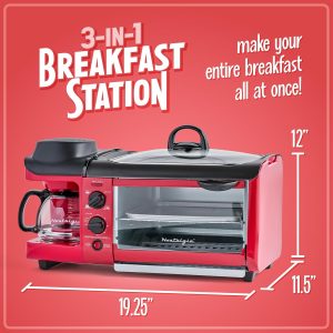 3-in-1 Breakfast Station - Includes Coffee Maker, Non-Stick Griddle, and 4-Slice Toaster Oven - Versatile Breakfast Maker with Timer - Red