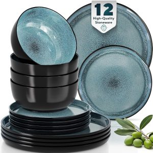 12 Piece Dinnerware Sets for 4 - Modern Style Stoneware Dinnerware Set - Scratch Resistant, Dishwasher Safe Plates and Bowls Sets Ceramic, Dish Set, Bowl and Plate Set - Black and Petrol Blue