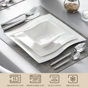Smartware luxury Plates and Bowls Sets, 12-Piece Ivory White Square Dinnerware Sets for 4, Porcelain Dish Set with Dinner Plates, Dessert Plates and Bowls, Kitchen Plate Bowl Set